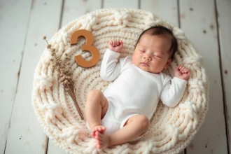 Photo bébé de 3 mois allongé sur couverture tricotée avec chiffre en bois pour livre souvenir mensuel