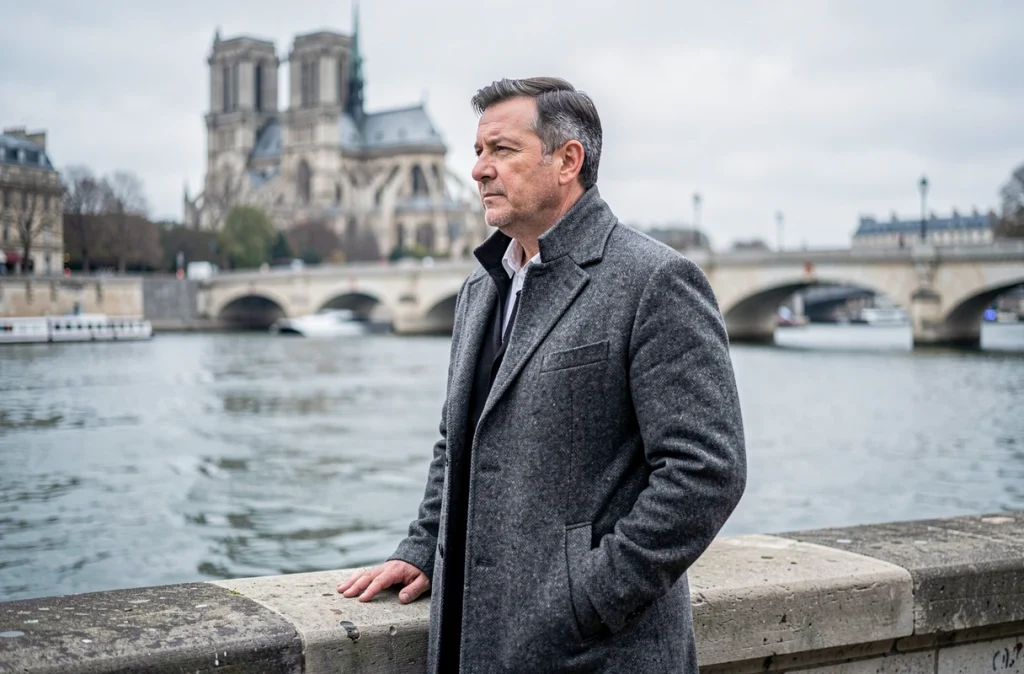 Portrait d'un homme élégant au bord de la Seine à Paris, dans un style éditorial raffiné et contemplatif