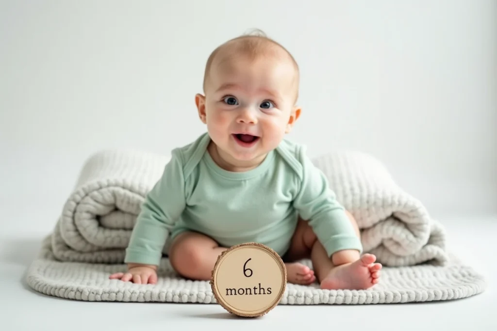 Bébé de 6 mois assis avec disque étape mensuelle pour séance photo souvenir à domicile