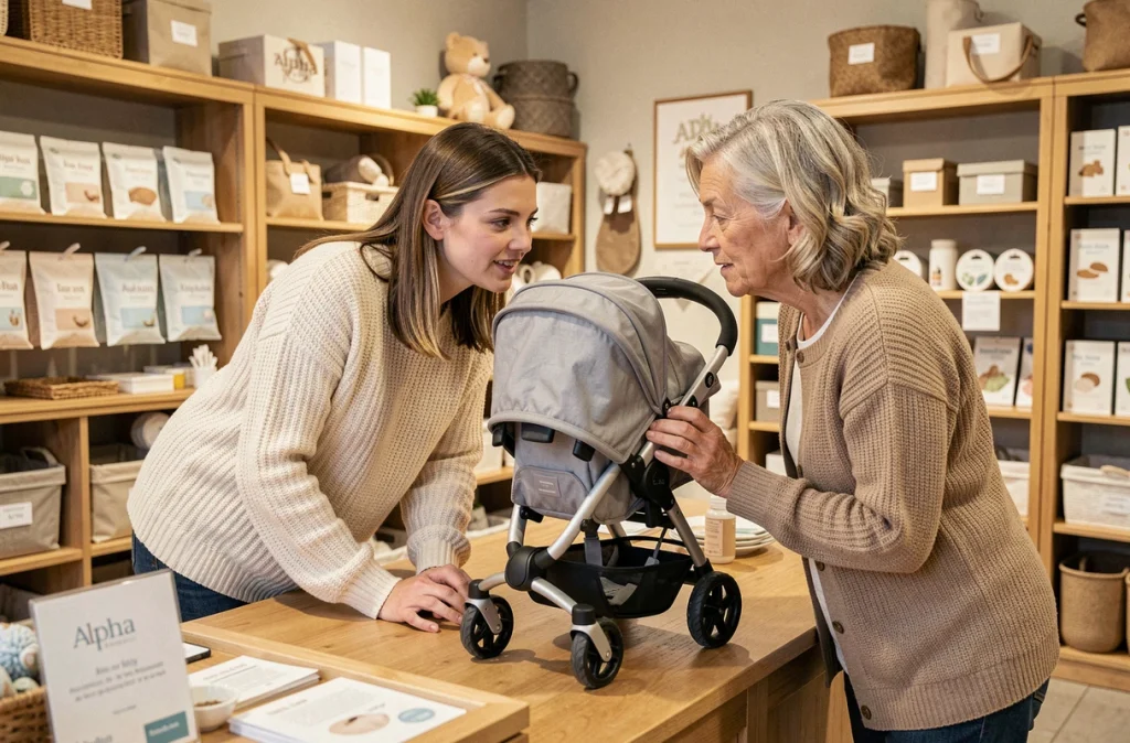 Mère et conseillère examinant une poussette compacte dans la boutique Alpha B à Aire-sur-la-Lys