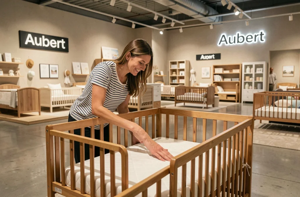 Mère examinant un lit bébé en bois dans le magasin Aubert d'Englos