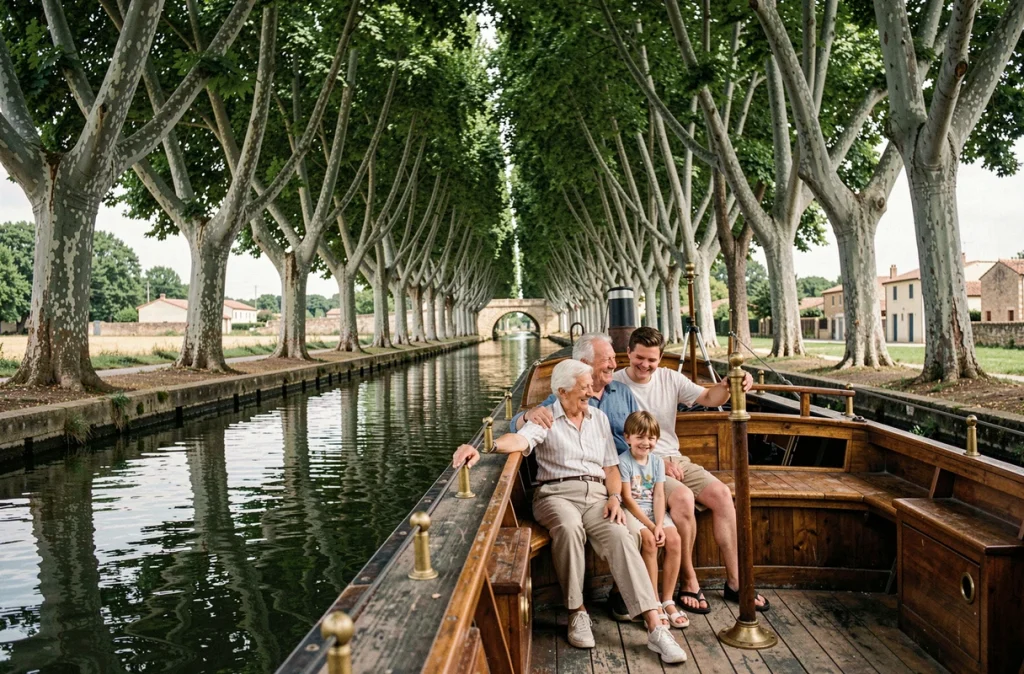Une famille multigénérationnelle navigue à bord d'une péniche en bois sur le Canal du Midi sous la voûte de platanes centenaires