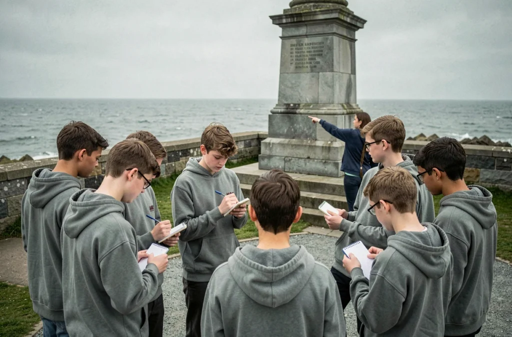 Jeunes participants à un séjour vacances CCAS découvrant un site historique sur le littoral normand
