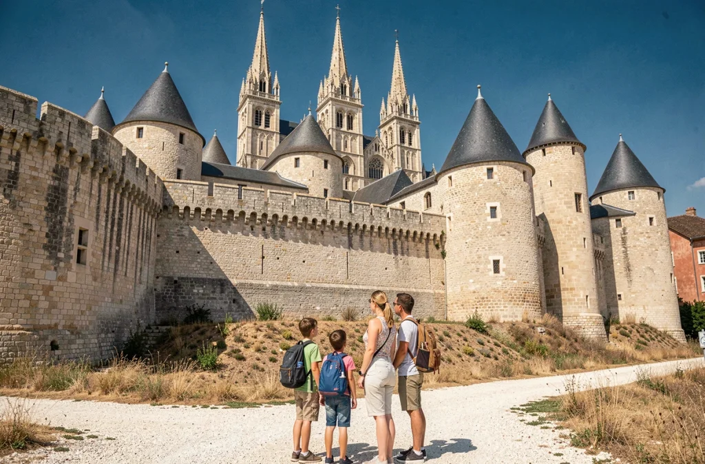 Une famille de quatre personnes admire les remparts médiévaux et les tours de la Cité de Carcassonne depuis le bas des fortifications