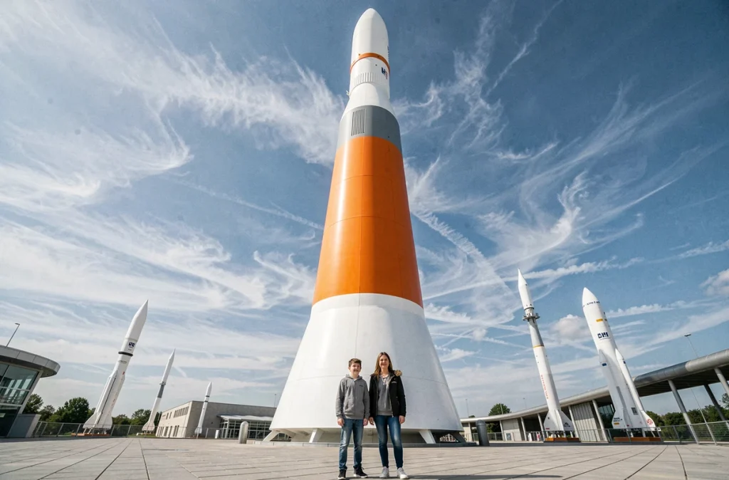 Une mère et ses deux enfants admirent la réplique grandeur nature de la fusée Ariane 5 exposée en extérieur à la Cité de l'espace de Toulouse