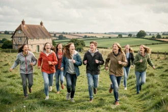 Groupe de jeunes adolescents courant dans un pré normand lors d'une colonie de vacances en Normandie