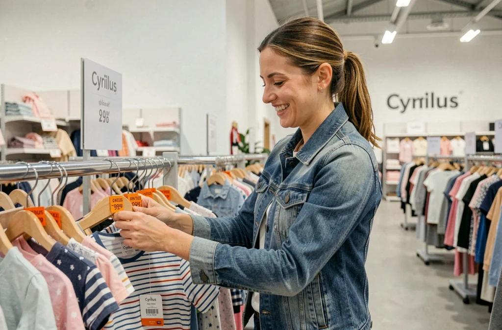 Femme faisant des achats dans le Cyrillus Outlet de Marcq-en-Barœul avec des vêtements enfants remisés