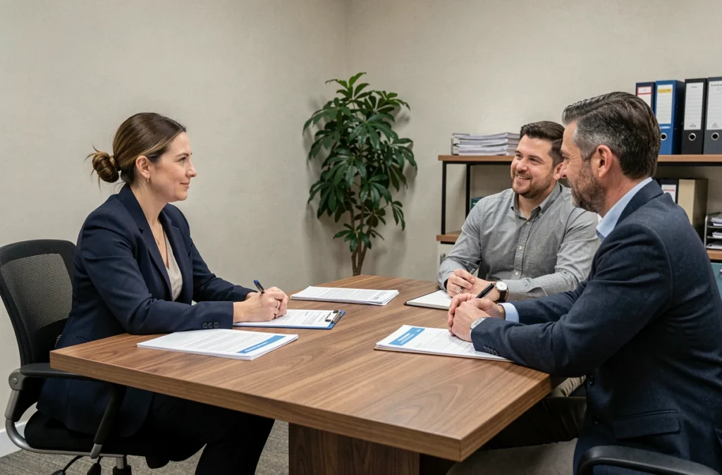 Entretien entre une assistante sociale et un couple lors d'une évaluation pour l'agrément famille d'accueil