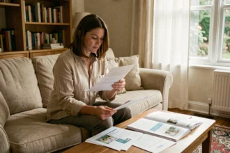 Femme étudiant des documents sur l'agrément famille d'accueil dans un salon chaleureux