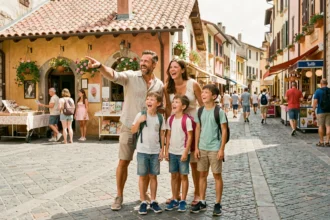 Famille en vacances pas chères en Europe sur une place pavée d'une ville méditerranéenne colorée