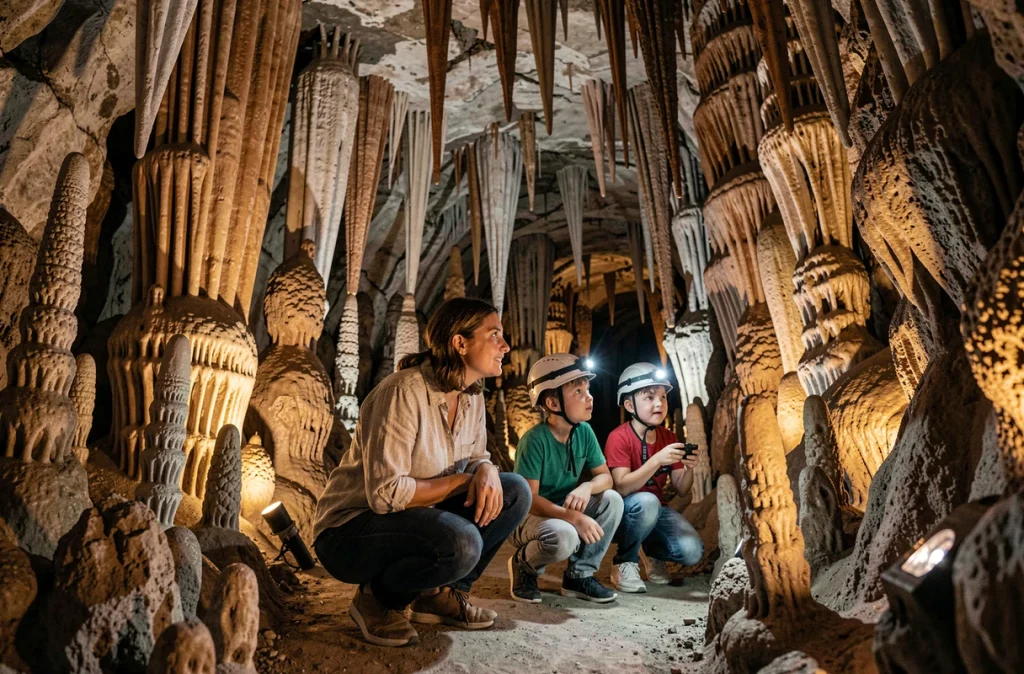 Une mère et ses deux enfants équipés de casques explorent les stalactites et stalagmites spectaculaires de la Grotte de la Salamandre dans le Gard