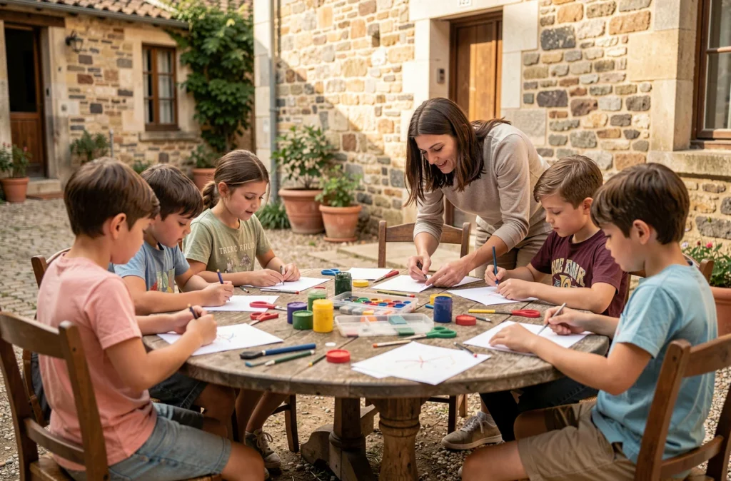 Enfants participant à un atelier créatif en plein air à Baron-sur-Odon dans le cadre d'un séjour Ligue de l'enseignement