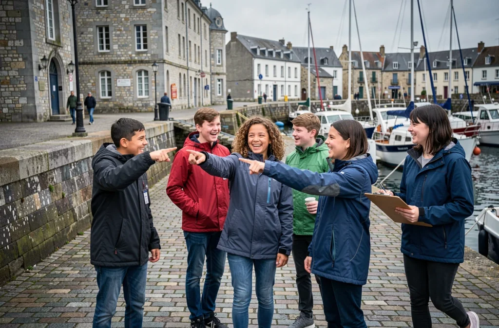 Adolescents découvrant le port de Cherbourg-en-Cotentin lors d'un séjour organisé par la Ligue de l'enseignement Normandie