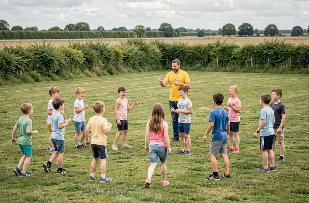 Enfants jouant à un jeu de groupe en plein air près de Fleury-sur-Orne lors d'une colonie de la Ligue de l'enseignement