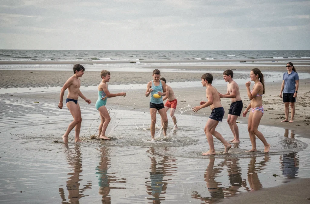 Jeunes en activité de plage à Gouville-sur-Mer lors d'un séjour de la Ligue de l'enseignement Normandie