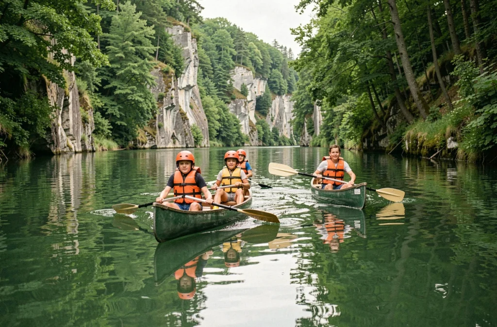 Jeunes faisant du canoë sur la rivière à Pont-d'Ouilly lors d'un séjour de la Ligue de l'enseignement Normandie