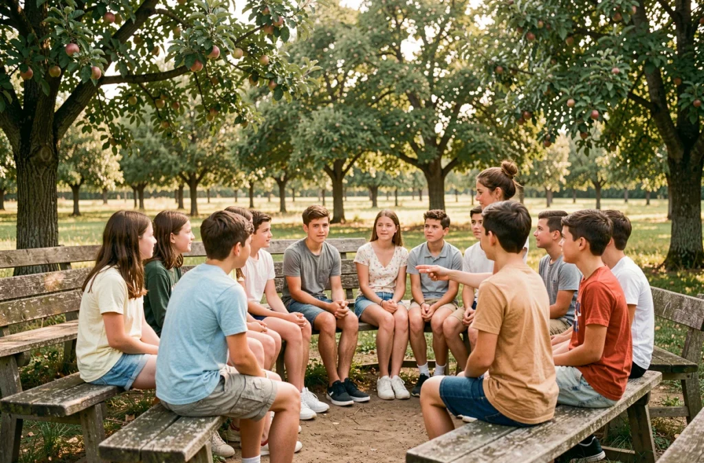 Adolescents participant à un atelier en plein air à Saint-Germain-du-Corbéis lors d'un séjour de la Ligue de l'enseignement Normandie
