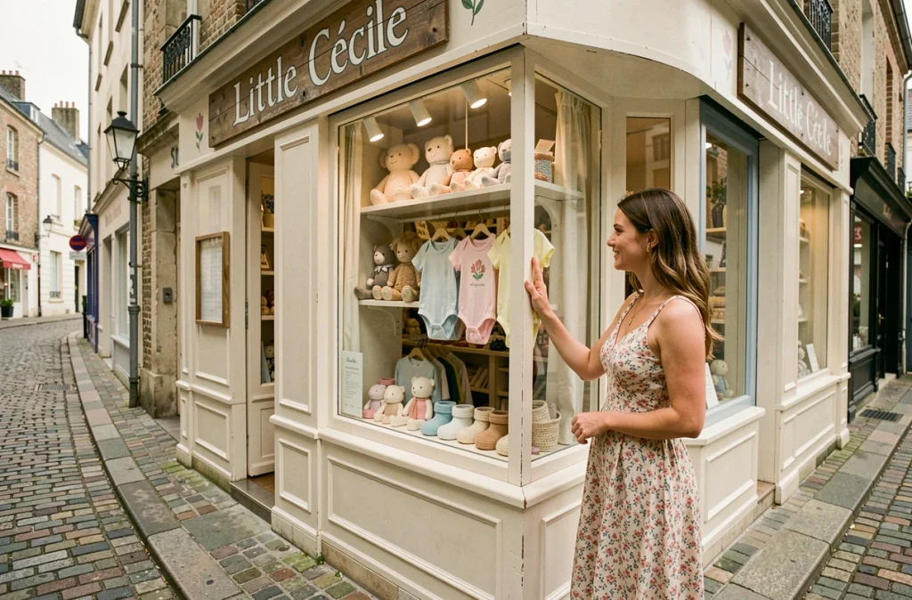 Jeune femme devant la vitrine de la boutique Little Cécile à Hem, magasin de puériculture artisanal