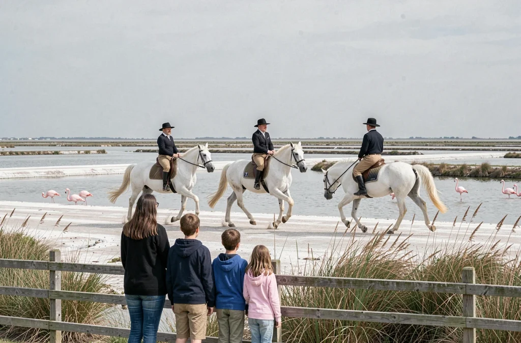 Une famille observe des gardians à cheval sur des chevaux blancs de Camargue traversant les marais de la Camargue gardoise dans le Gard