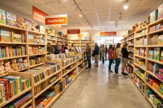 Vue panoramique d'un grand magasin de jouets dans le Grand Est avec des rayons colorés remplis de jeux et jouets variés