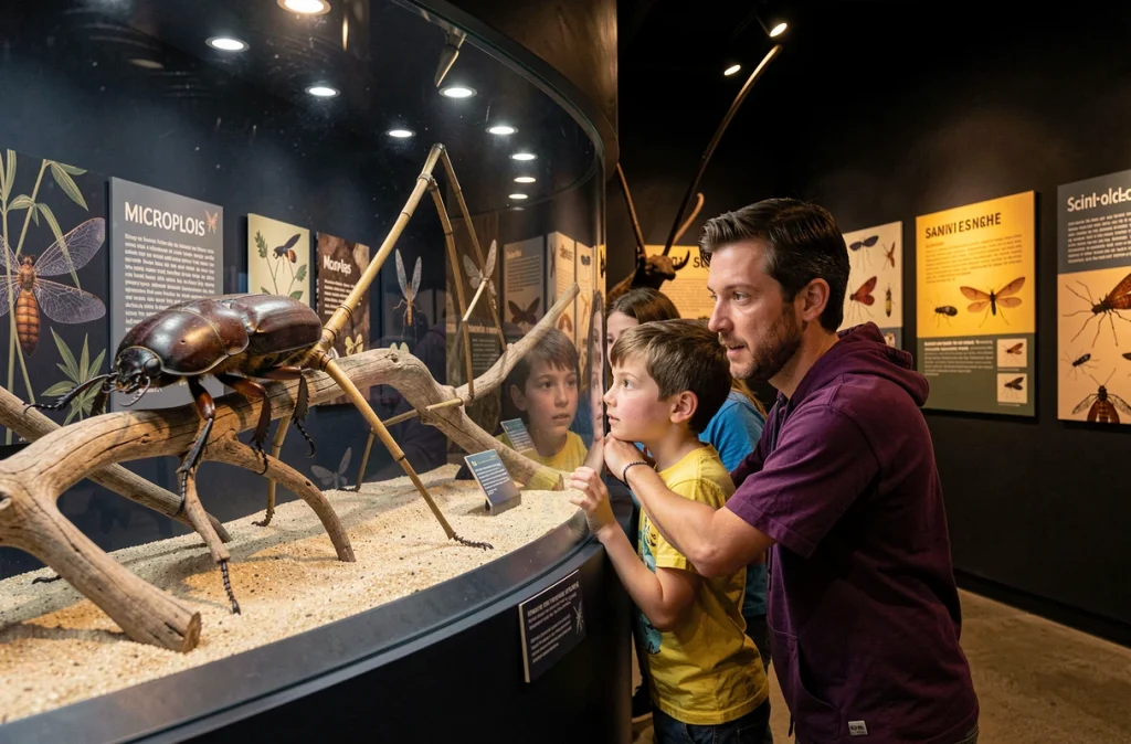 Un père et ses deux enfants observent de près des insectes géants exposés dans une vitrine de Micropolis, la Cité des insectes en Aveyron