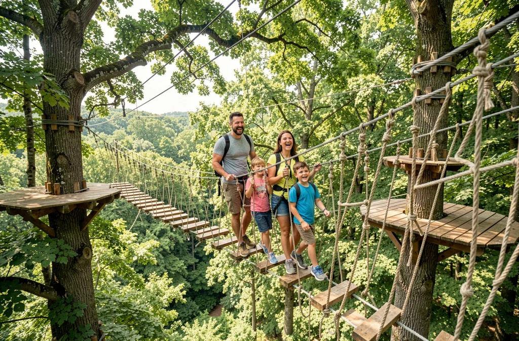 Une famille joyeuse traverse un pont de corde suspendu dans les arbres au Perchoir du Quercy, entourée d'un couvert forestier dense en été