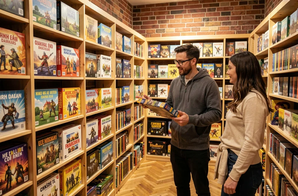 Intérieur du magasin Philibert à Strasbourg avec des rayons de jeux de société du sol au plafond et un vendeur conseillant des clients