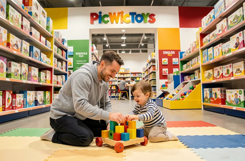 Père et enfant en bas âge jouant avec des jouets en bois dans le magasin PicWicToys d'Englos