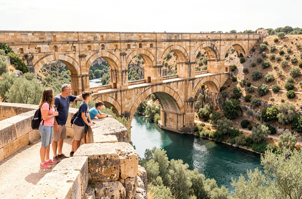 Une famille de cinq personnes se promène sur le chemin de ronde du Pont du Gard, admirant les arches romaines enjambant le Gardon en contrebas