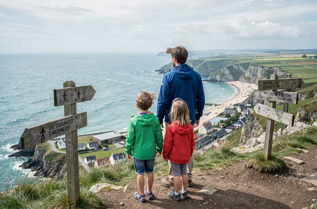 Père et enfants en randonnée sur un sentier côtier lors d'un séjour famille abordable en Europe