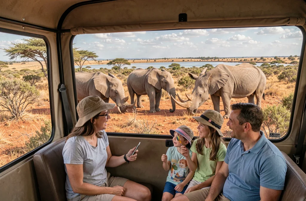 Une famille observe des éléphants et des rhinocéros blancs en liberté depuis un véhicule safari à la Réserve africaine de Sigean dans l'Aude