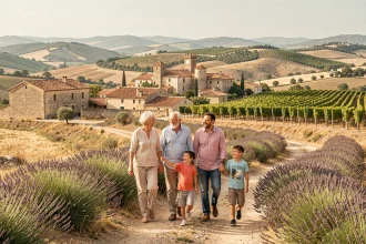 Une famille multigénérationnelle se promène dans un paysage typique d'Occitanie avec des collines, des vignes et un village médiéval en arrière-plan