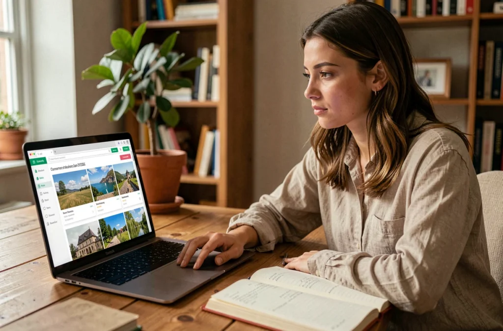 Femme consultant la plateforme Totemia pour réserver une colonie de vacances en Normandie depuis son bureau