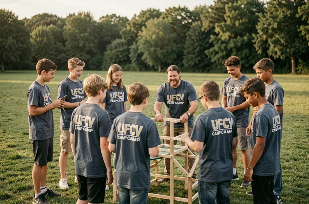 Groupe de jeunes en activité de plein air lors d'une colonie de vacances UFCV en Normandie