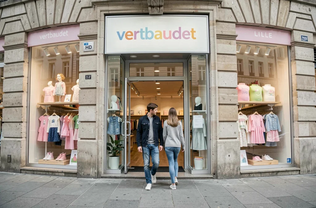 Famille entrant dans le magasin Vertbaudet de Lille avec ses vitrines colorées de vêtements enfants