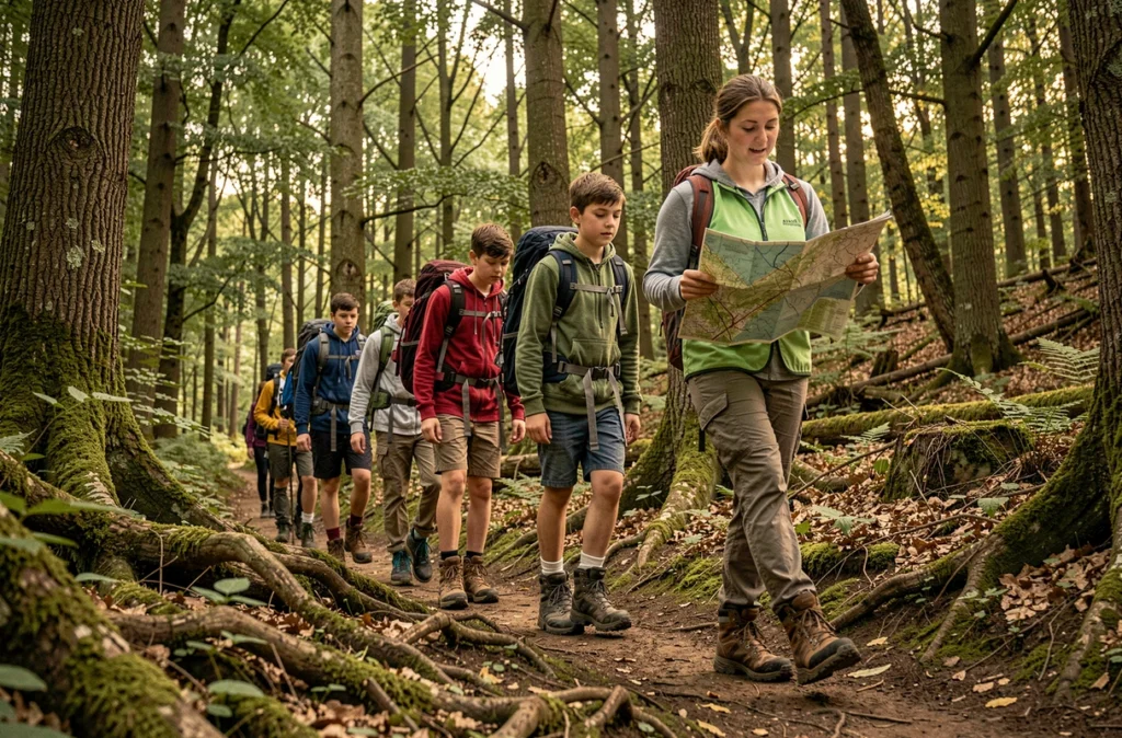 Adolescents en randonnée dans une forêt de l'Orne lors d'une colonie nature avec Wakanga
