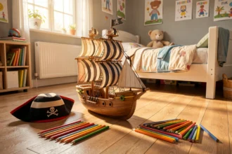 Bateau pirate jouet et crayons de couleur dans une chambre d'enfant
