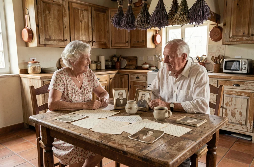 Couple de personnes âgées françaises en milieu rural parcourant ensemble de vieilles lettres et photographies de famille dans une cuisine traditionnelle