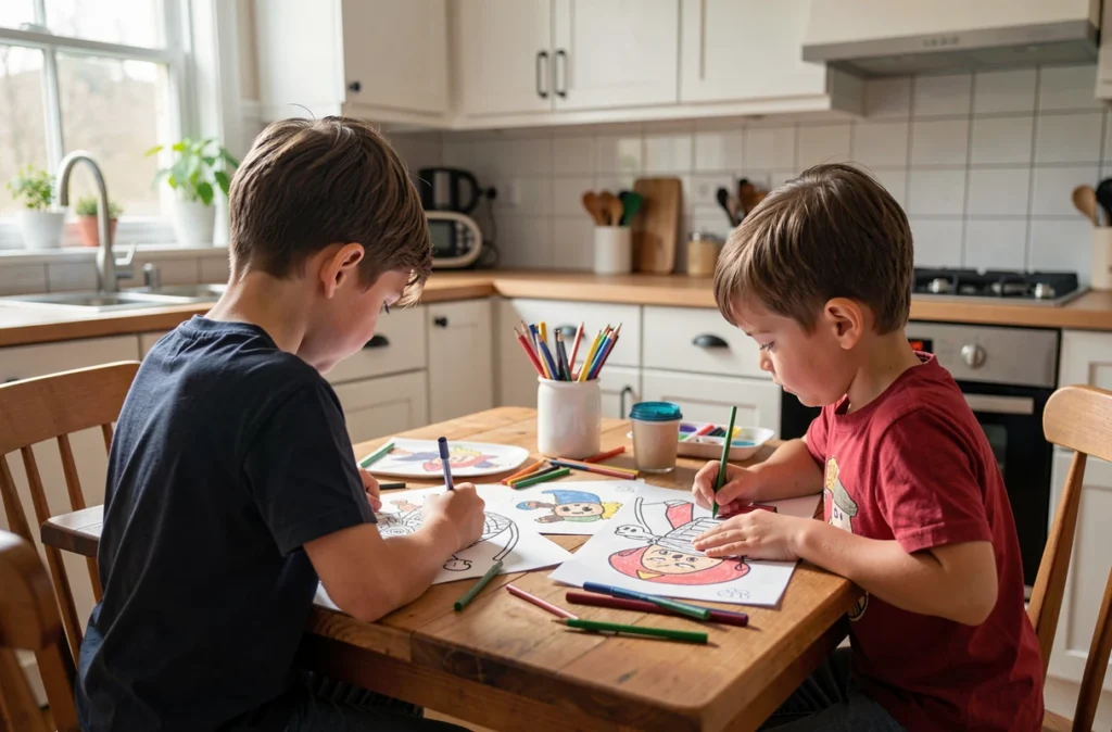 Deux enfants qui colorient des dessins de pirates à une table