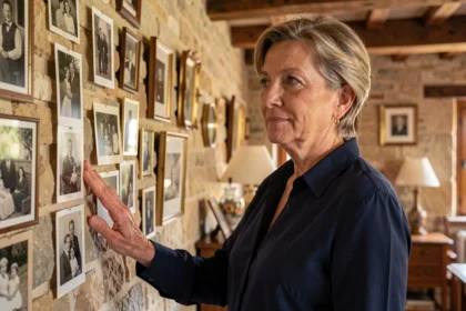 Femme mature française contemplant des photographies de famille anciennes accrochées sur un mur en pierre, évoquant ses origines et son parcours personnel