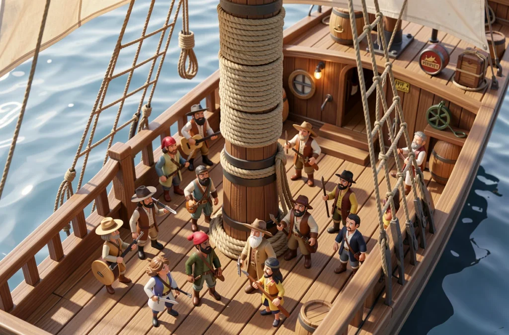 Pont d'un bateau pirate jouet avec un équipage de figurines